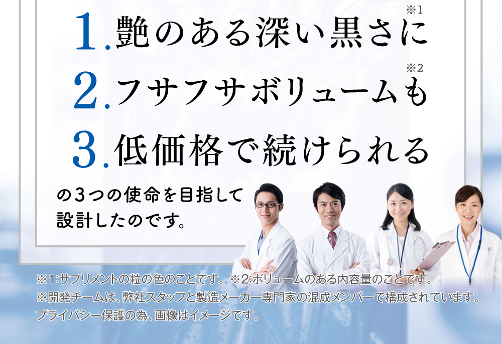 １、艶のある深い黒さに（サプリメントの粒の色のことです。）。　２、フサフサボリュームも（ボリュームのある内容量のことです。）。３、低価格で続けられる。 の３つの使命を目指して設計したのです。