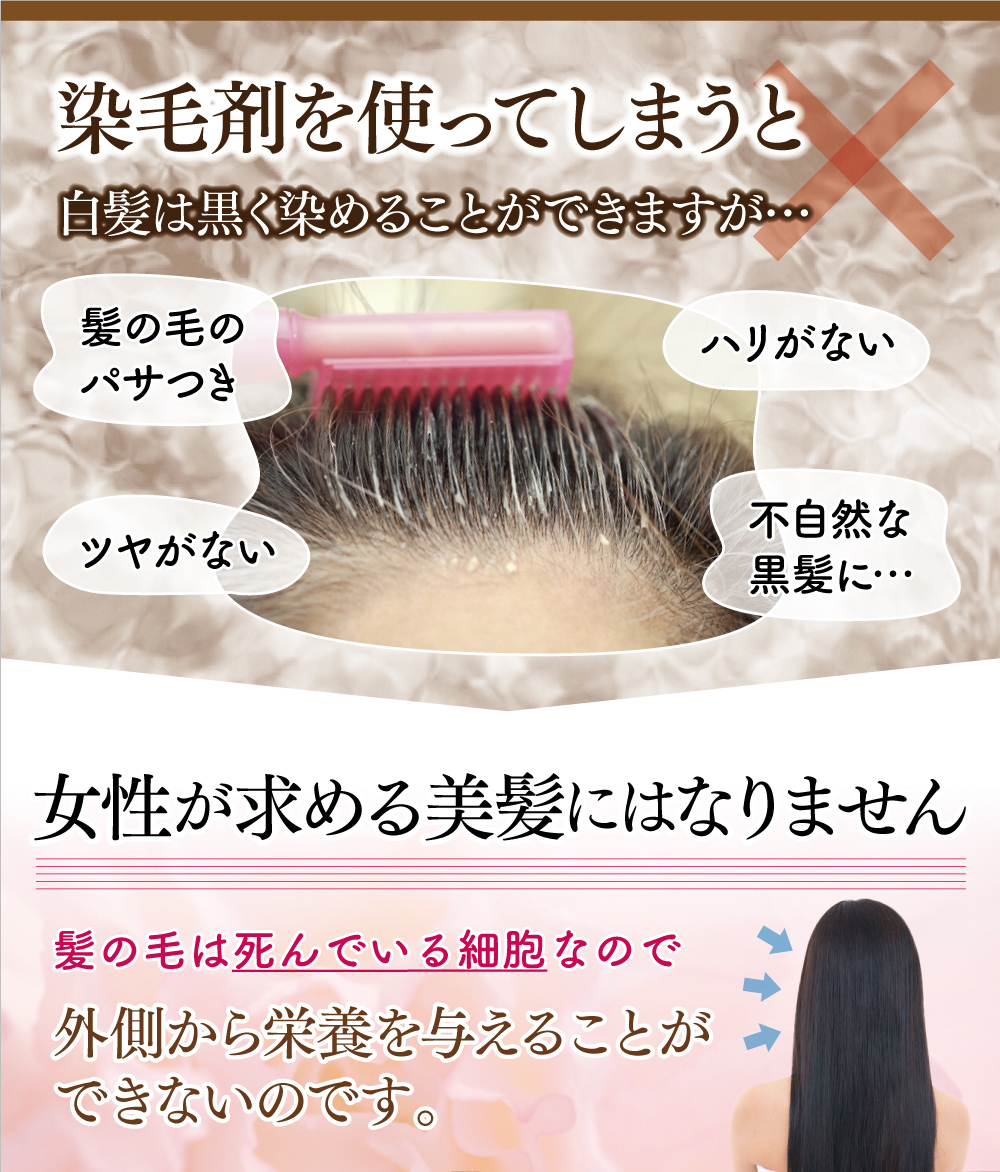 染毛剤を使ってしまうと白髪は黒く染まりますが、白髪は黒く染めることができますが…女性が求める美髪にはなりません。髪の毛は死んでいる細胞なので外側から栄養を与えることができないのです。