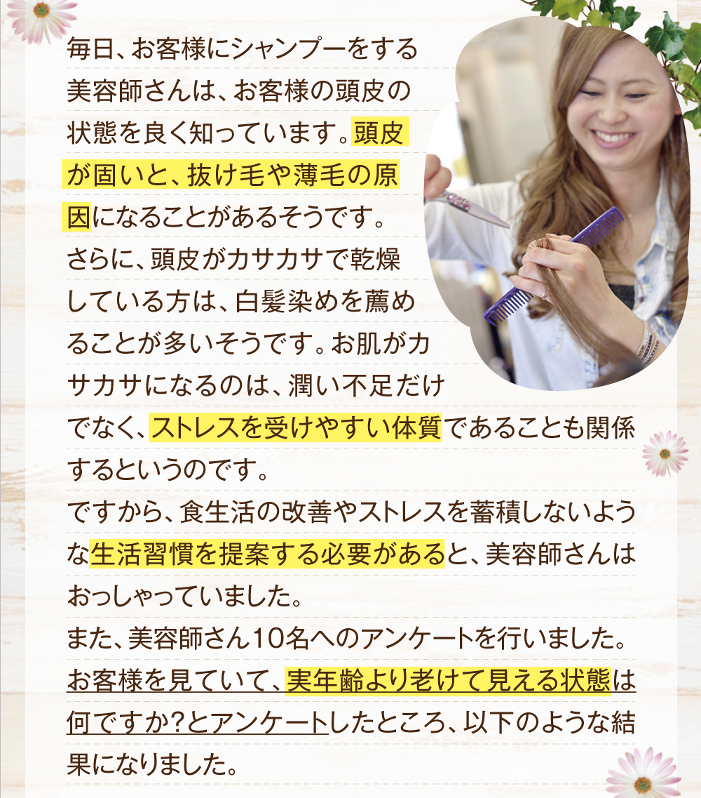 毎日、お客様にシャンプーをする美容師さんは、お客様の頭皮の状態を良く知っています。頭皮が固いと、抜け毛や薄毛の原因になることがあるそうです。さらに、頭皮がカサカサで乾燥している方は、白髪染めを薦めることが多いそうです。お肌がカサカサになるのは、潤い不足だけでなく、ストレスを受けやすい体質であることも関係するというのです。ですから、食生活の改善やストレスを蓄積しないような生活習慣を提案する必要があると、美容師さんはおっしゃっていました。また、美容師さん10名へのアンケートを行いました。お客様を見ていて、実年齢より老けて見える状態は何ですか？とアンケートしたところ、以下のような結果になりました。