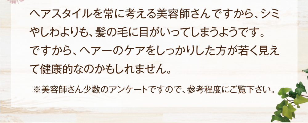 ヘアスタイルを常に考える美容師さんですから、シミやしわよりも、髪の毛に目がいってしまうようです。ですから、ヘアーのケアをしっかりした方が若く見えて健康的なのかもしれません。※美容師さん少数のアンケートですので、参考程度にご覧下さい。