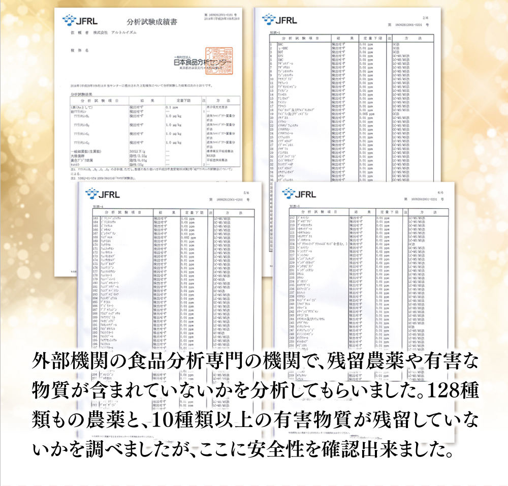 外部機関の食品分析専門の機関で、残留農薬や有害な物質が含まれていないかを分析してもらいました。128種類もの農薬と、10種類以上の有害物質が残留していないかを調べましたが、ここに安全性を確認出来ました。