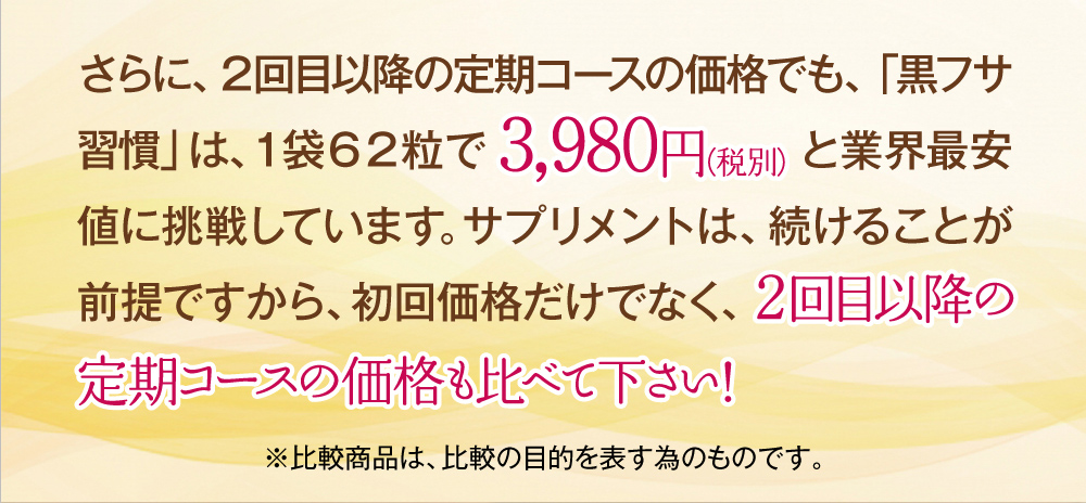 さらに、２回目以降の定期コースの価格でも、「黒フサ習慣」は、１袋62粒で3,980円（税別）と業界最安値に挑戦しています。サプリメントは、続けることが前提ですから、初回価格だけでなく、２回目以降の定期コースの価格も比べて下さい！※比較商品は、比較の目的を表す為のものです。