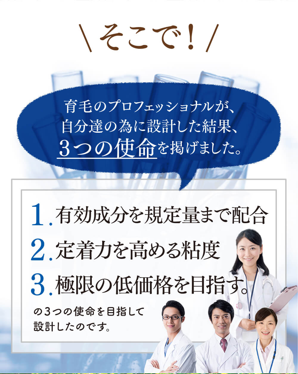 そこで！育毛のプロフェッショナルが、自分達の為に設計した結果、３つの使命を掲げました。1.有効成分を規定量まで配合。2.定着力を高める粘度3。.極限の低価格を目指す。の３つの使命を目指して設計したのです。