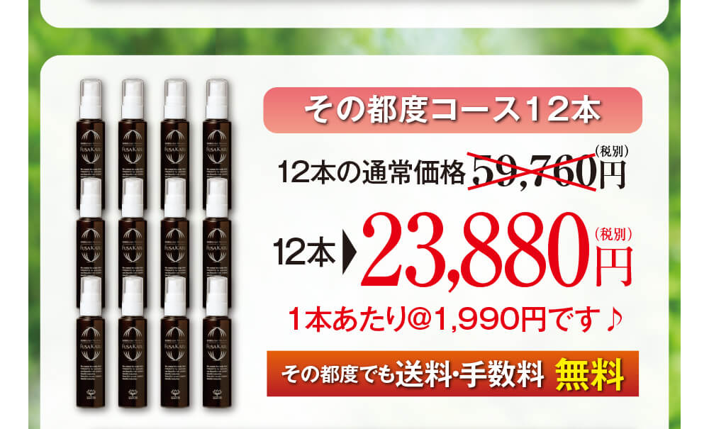 その都度コース12本。12本の通常価格59,760円（税別）のところ、12本で23,880円（税別）1本あたり1,990円です♪その都度でも送料・手数料無料