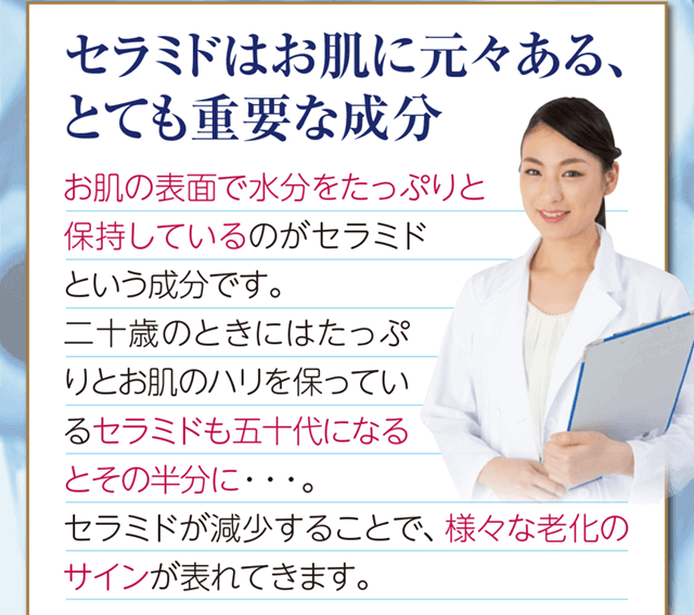 セラミドはお肌にもともとある成分ですが、年齢と共に減少してしまいます。セラミドが減少することで様々な老化のサインが表れます。