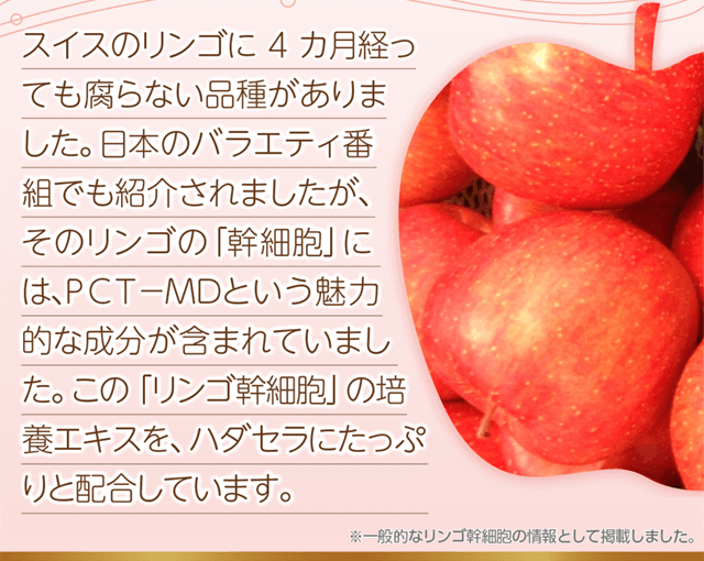 4ヶ月経っても腐らないリンゴ幹細胞のの培養エキスをハダセラにたっぷり配合しています。