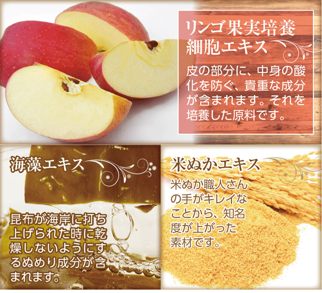 リンゴ尾果実培養細胞エキス皮の部分に中身の酸化を防ぐ成分米ぬかエキス海草エキス