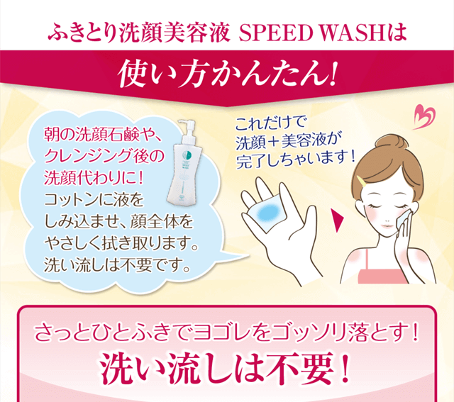 スピードウォッシュは使い方簡単！朝の洗顔石鹸やクレンジング後の洗顔代わりに。コットンに液を含ませ、顔全体を優しくふき取ります。洗い流しは不要です。
